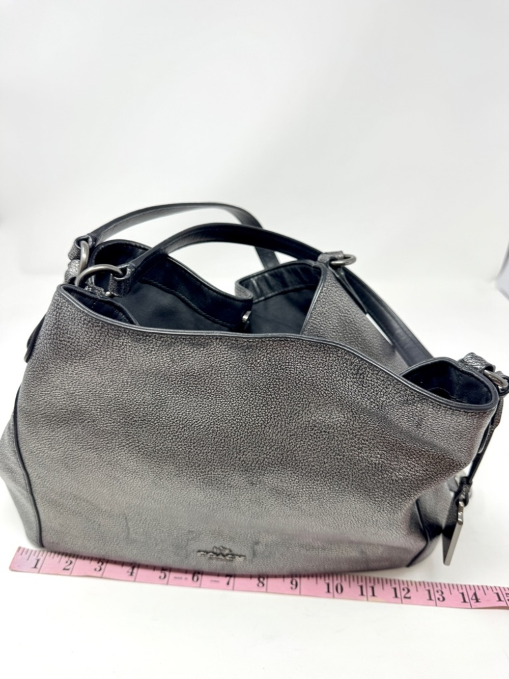 Coach Edie Metallic Gunmetal Pebbled Leather Shoulder Bag Tote - Picture 14 of 16